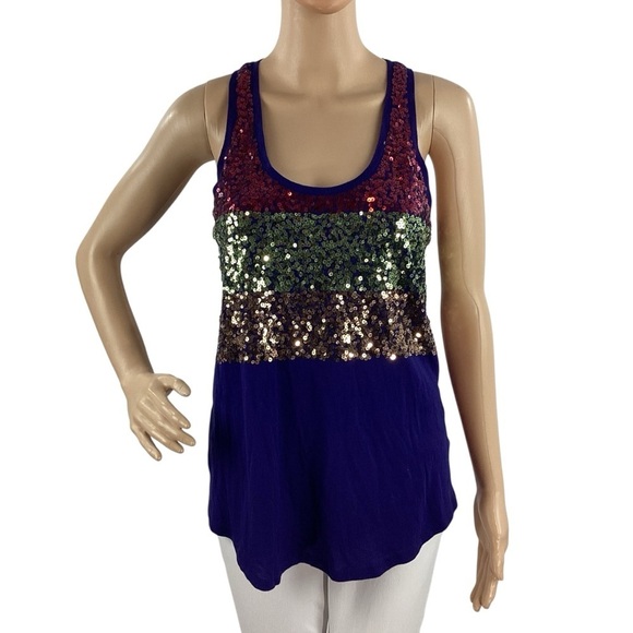 Express Sequin Stripe Racerback Tank Top Blue Sleeveless Shimmer Party Top S - Picture 1 of 7
